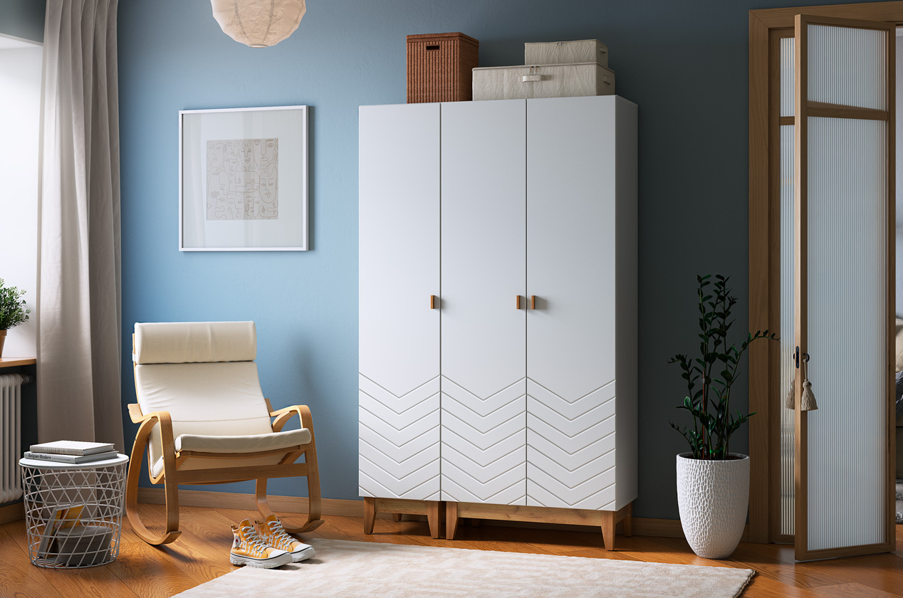 Шкаф трехдверный "Хюгге К1" (белое дерево/дуб крафт золотой/белый матовый)