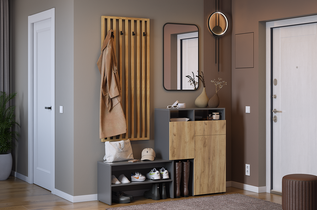 Прихожая "Мебельсон К42" (1480х350х1950) (графит/дуб крафт золотой/черный)