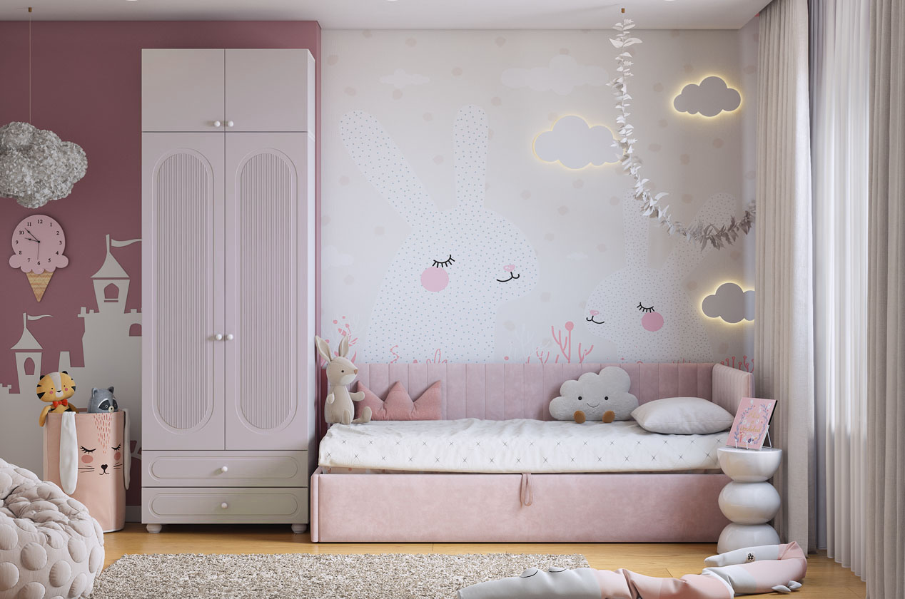 Набор детской мебели "Милана К2" (белое дерево/сакура/нежно-розовый (велюр))