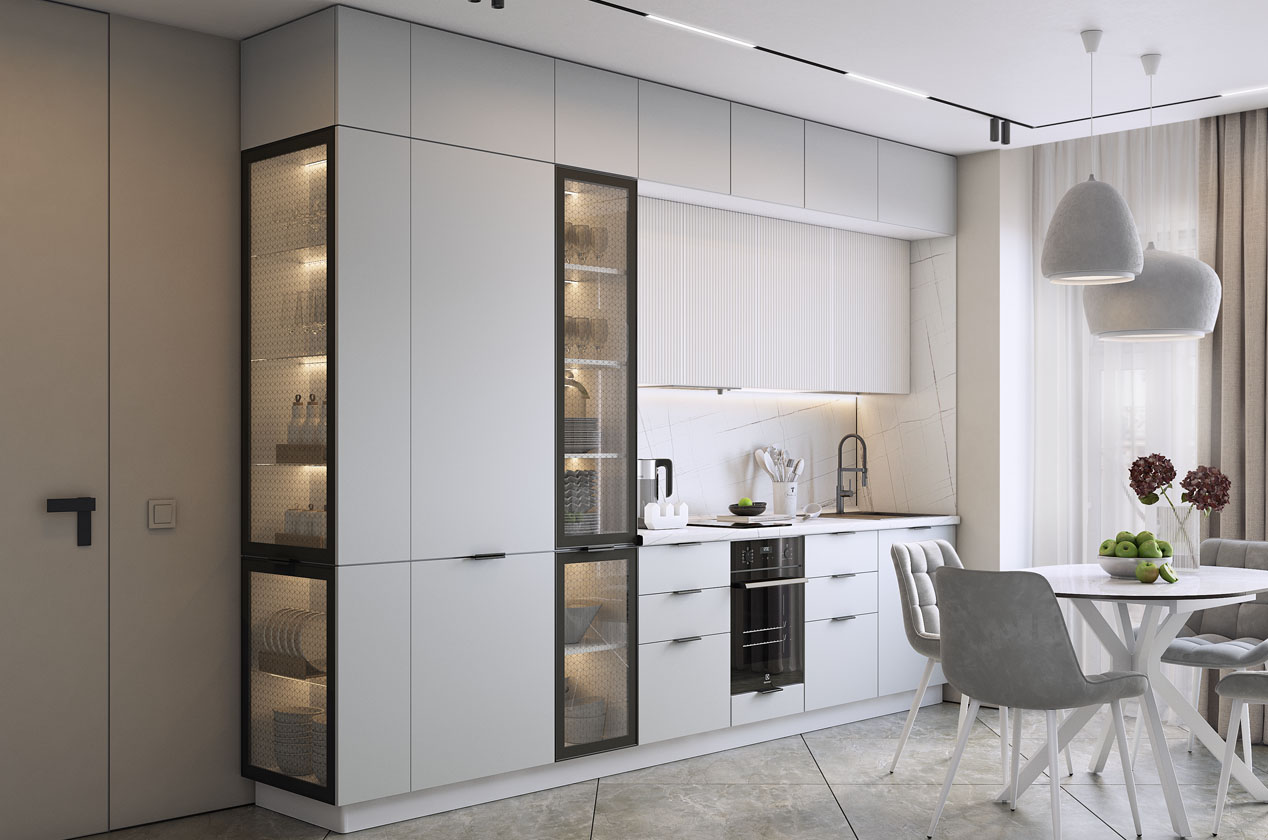 Кухонный гарнитур 9 (ширина 322х60х250,1 см) (белый/лайт грей софттач/милк матовый/черный муар)