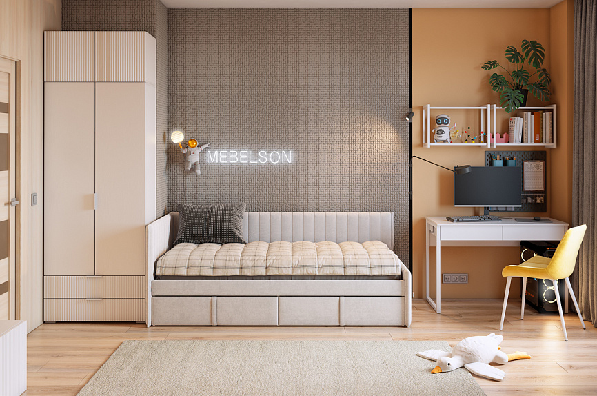 Набор детской мебели "Зефир К8" (4015х1000х2300) (белое дерево/белый (эмаль)/галька (велюр))