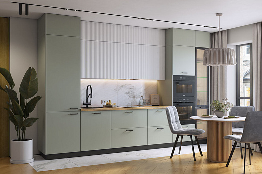 Кухонный гарнитур 12 (ширина 368х60х250,1 см) (белый/шалфей/белый/черный муар/бесцветное мору)